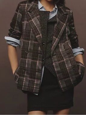 Avec Les Filles Brown and Pink Plaid Blazer